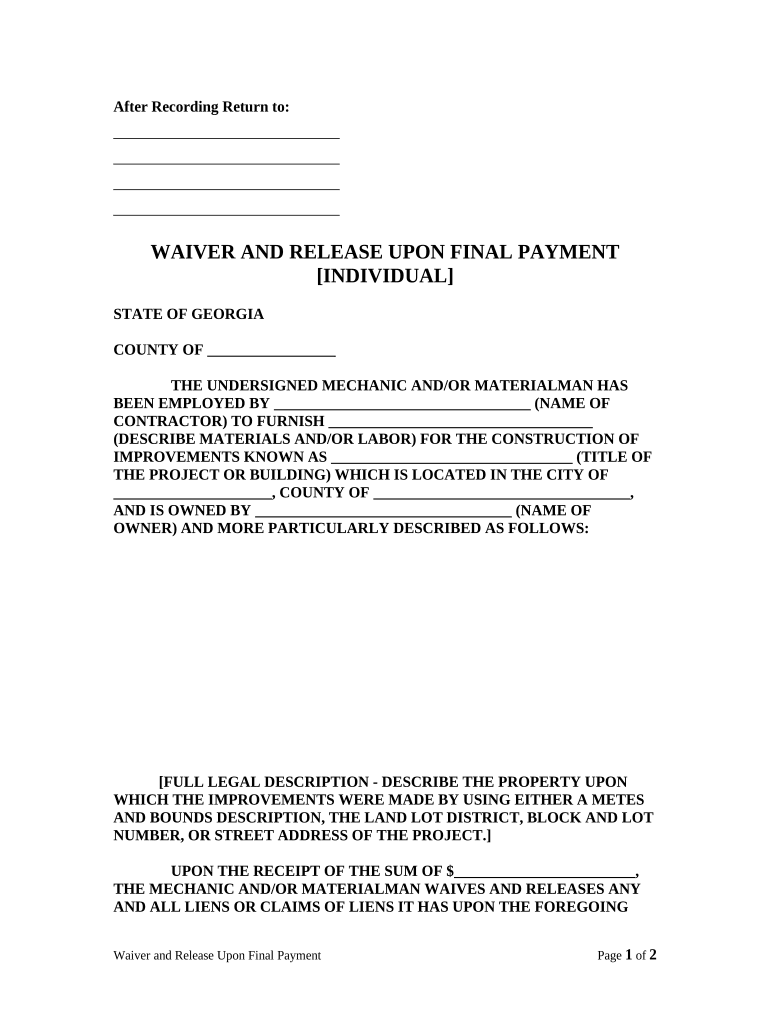 unconditional lien waiver georgia Preview on Page 1