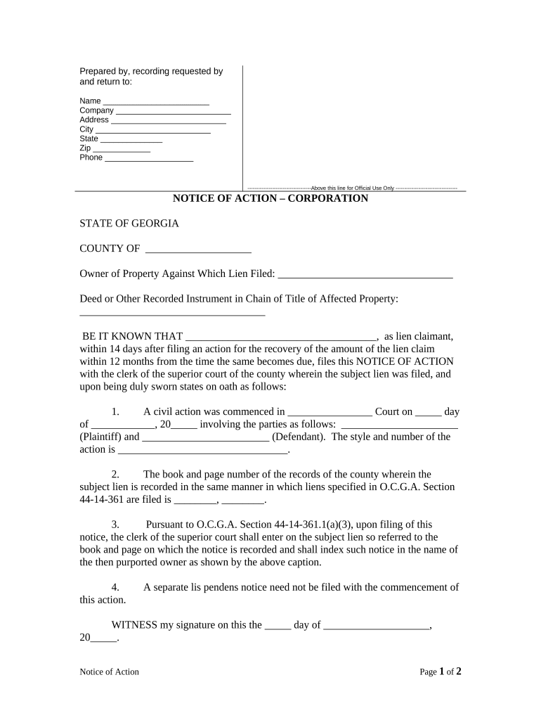 Notice of Action - Corporation or LLC - Georgia Preview on Page 1