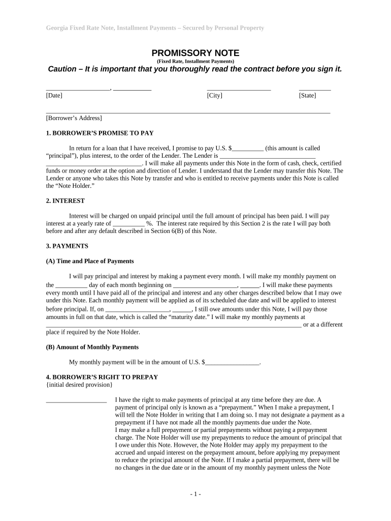 Georgia Installments Fixed Rate Promissory Note Secured by Personal Property - Georgia Preview on Page 1