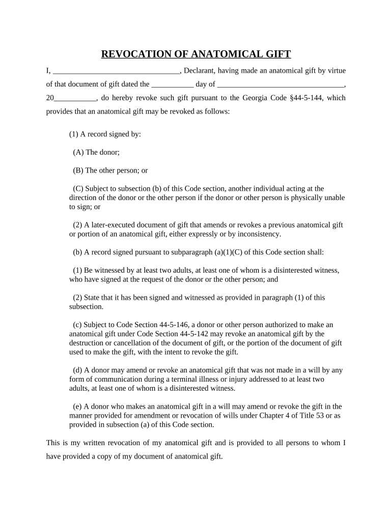 Revocation of Anatomical Gift Act Donation - Georgia Preview on Page 1