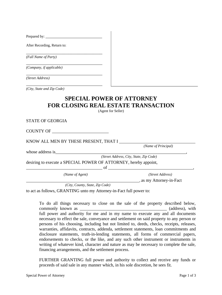 Special or Limited Power of Attorney for Real Estate Sales Transaction By Seller - Georgia Preview on Page 1