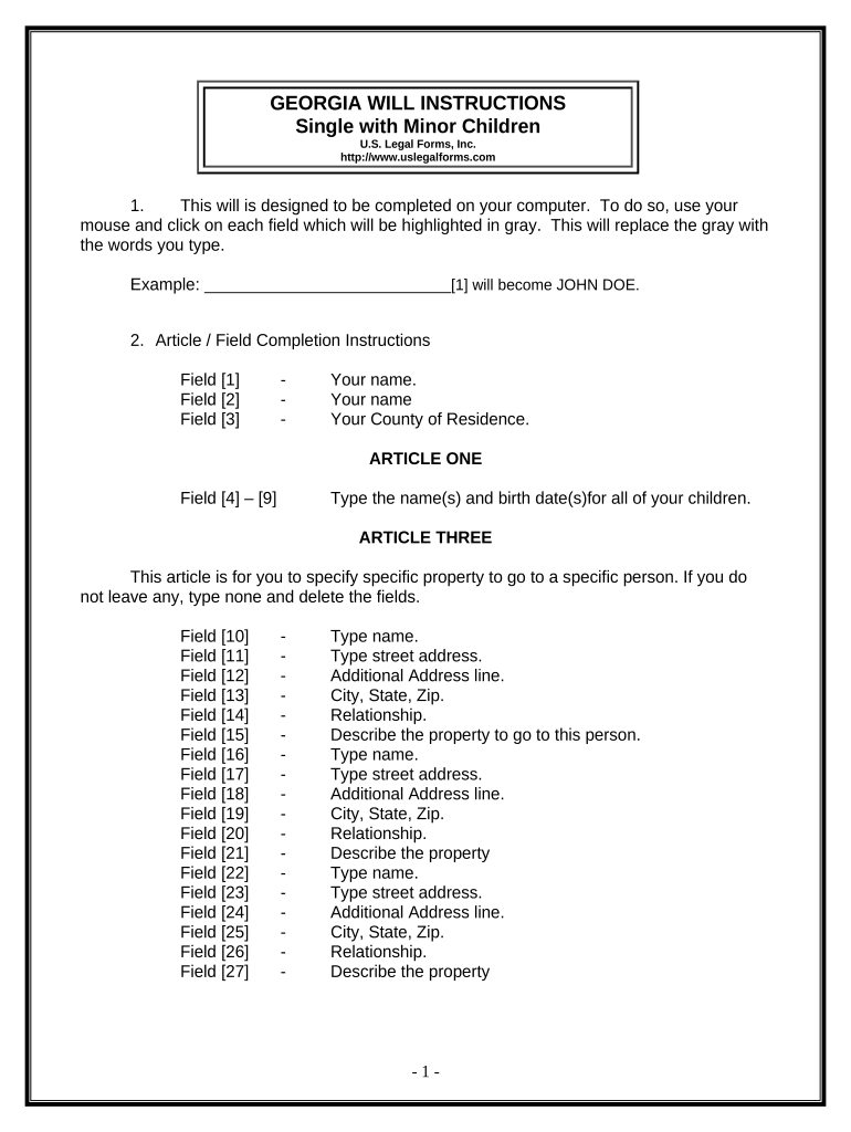 Legal Last Will and Testament Form for a Single Person with Minor Children - Georgia Preview on Page 1.