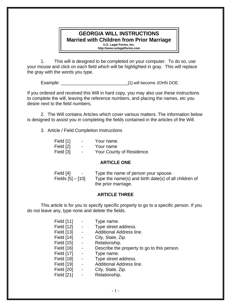 Legal Last Will and Testament for Married person with Minor Children from Prior Marriage - Georgia Preview on Page 1.