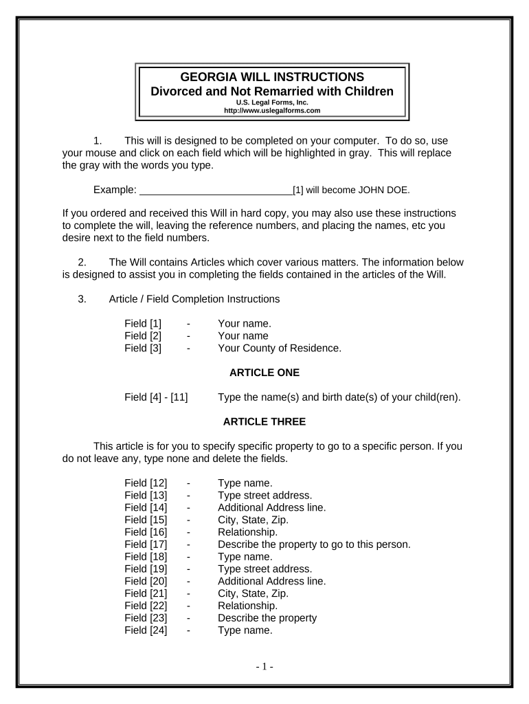 Legal Last Will and Testament Form for Divorced Person Not Remarried with Adult and Minor Children - Georgia Preview on Page 1