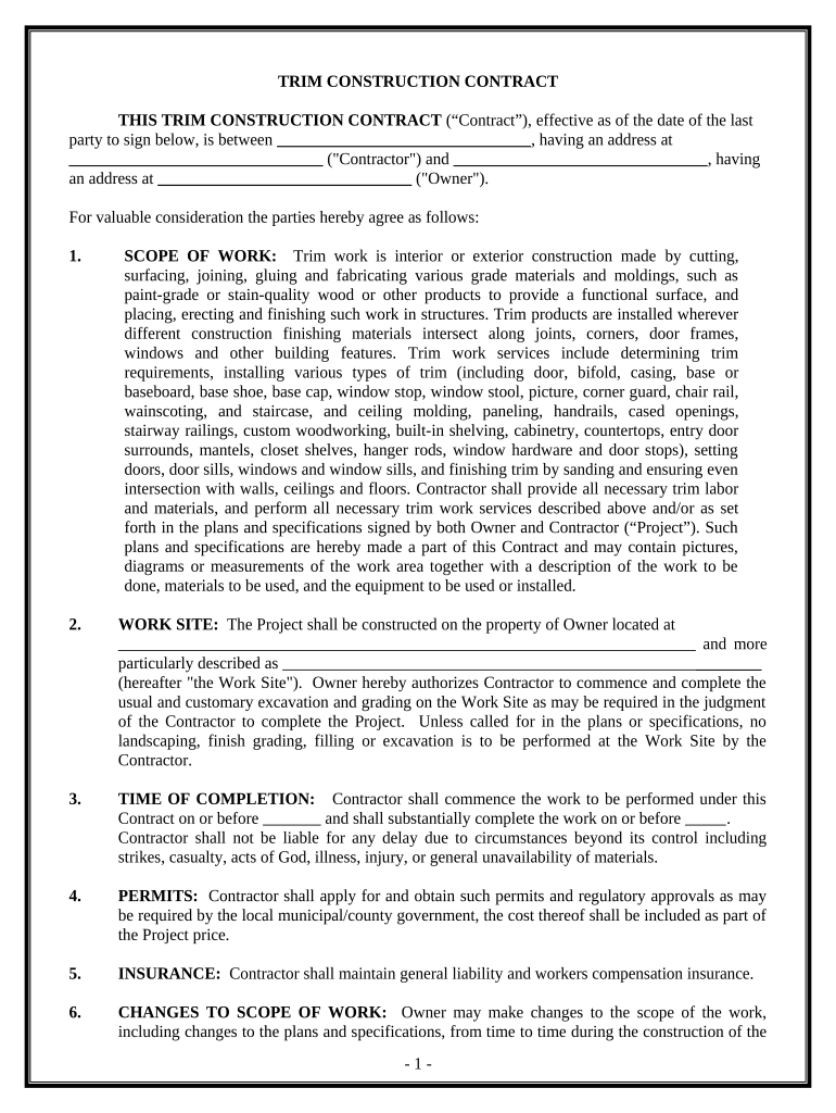 Trim Carpenter Contract for Contractor - Hawaii Preview on Page 1