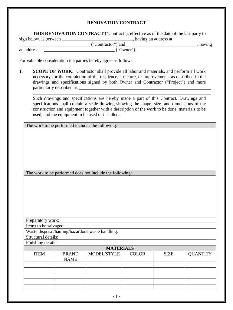 Renovation Contract for Contractor - Hawaii Preview on Page 1