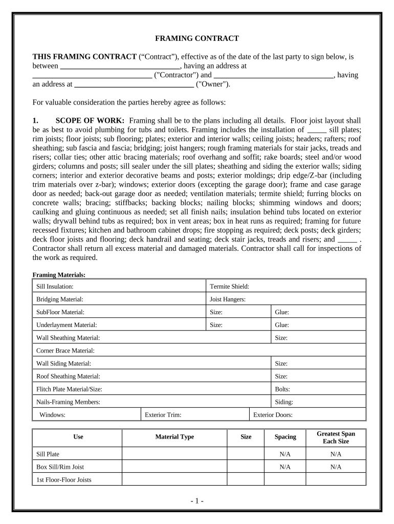 Framing Contract for Contractor - Hawaii Preview on Page 1.