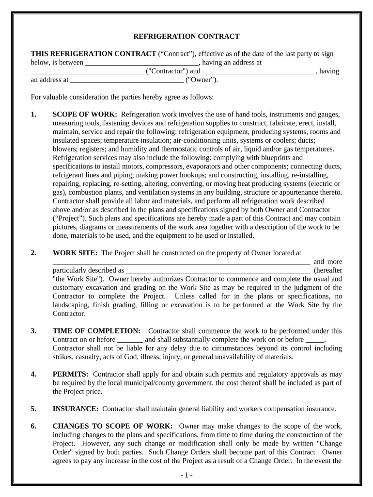 Refrigeration Contract for Contractor - Hawaii Preview on Page 1