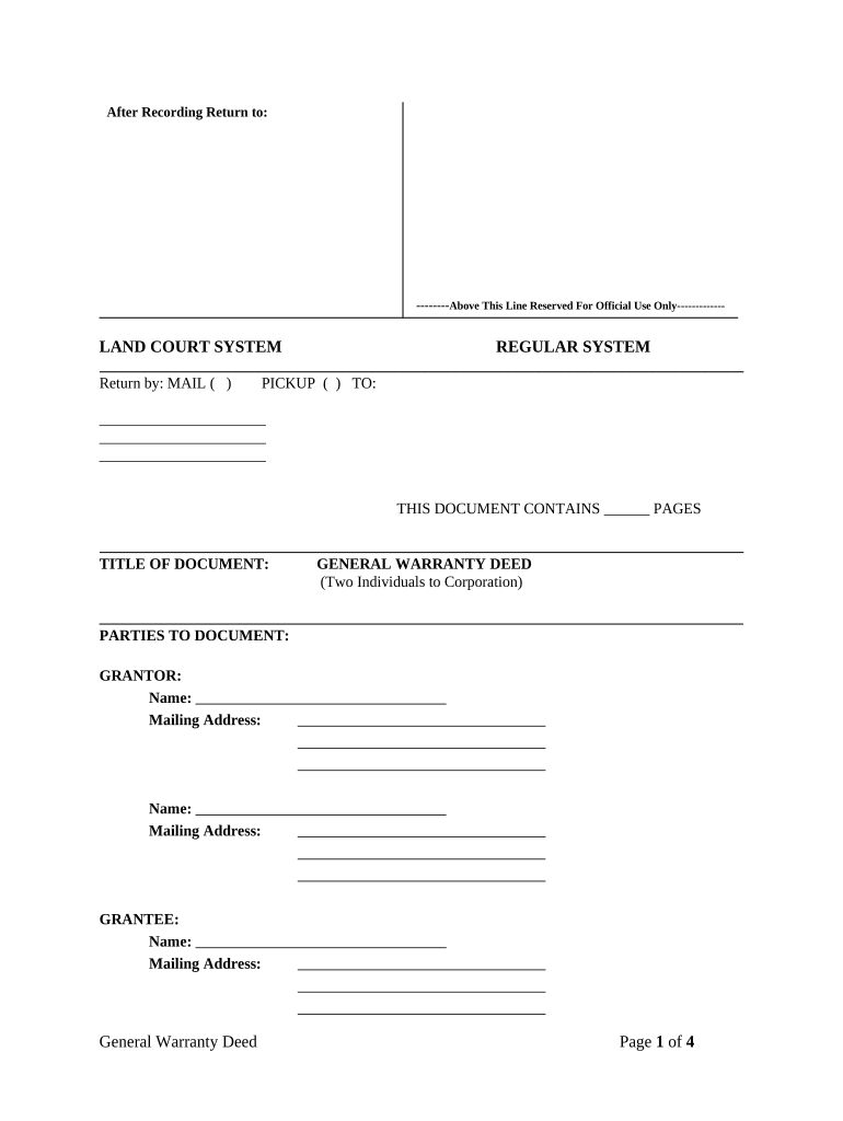 Warranty Deed from two Individuals to Corporation - Hawaii Preview on Page 1.