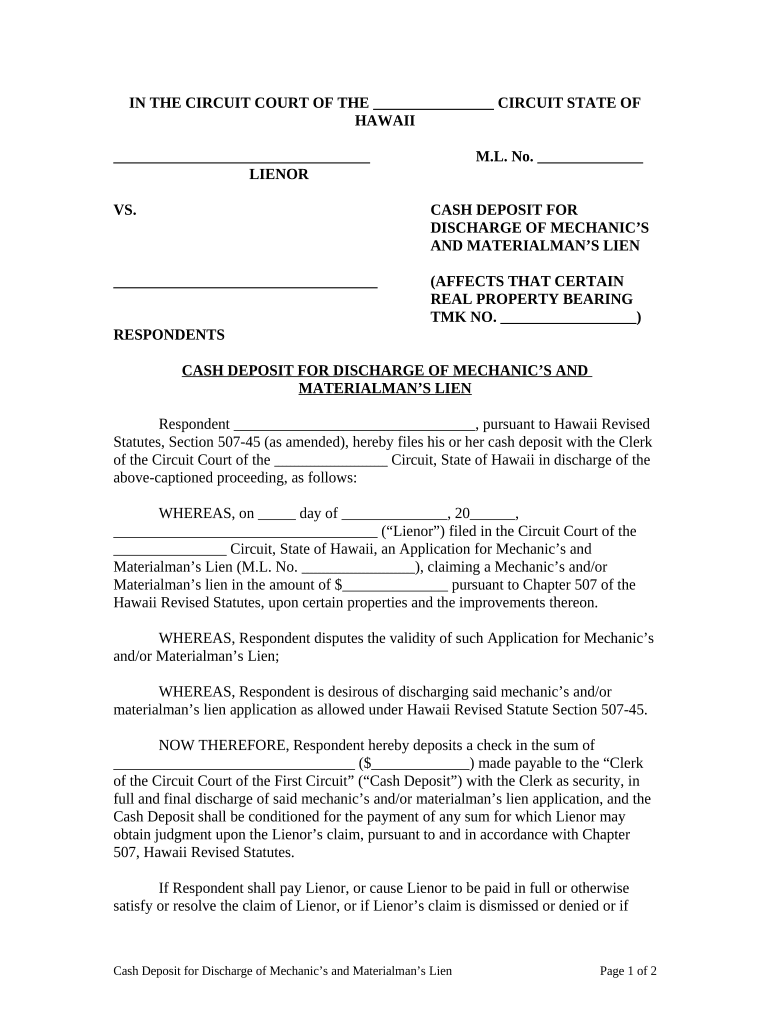 Cash Deposit for Discharge of Mechanic&#039;s and Materialman&#039;s Lien - Hawaii Preview on Page 1