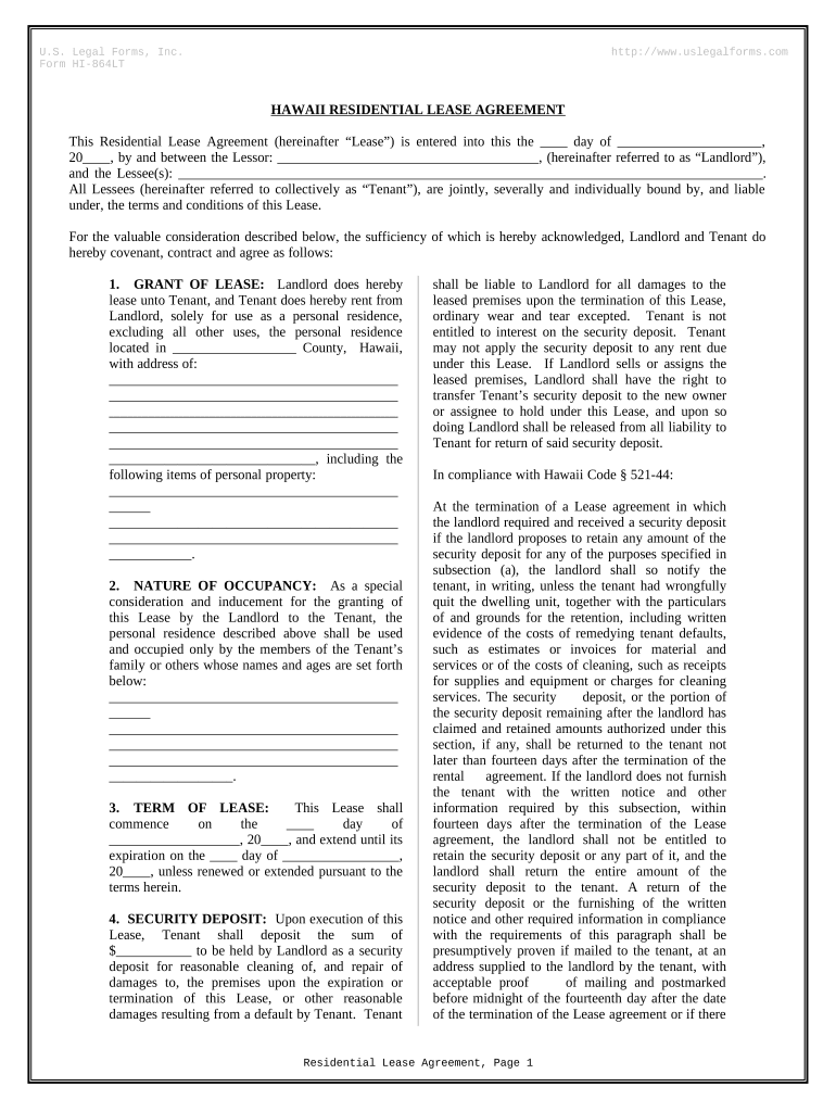 Residential Rental Lease Agreement - Hawaii Preview on Page 1