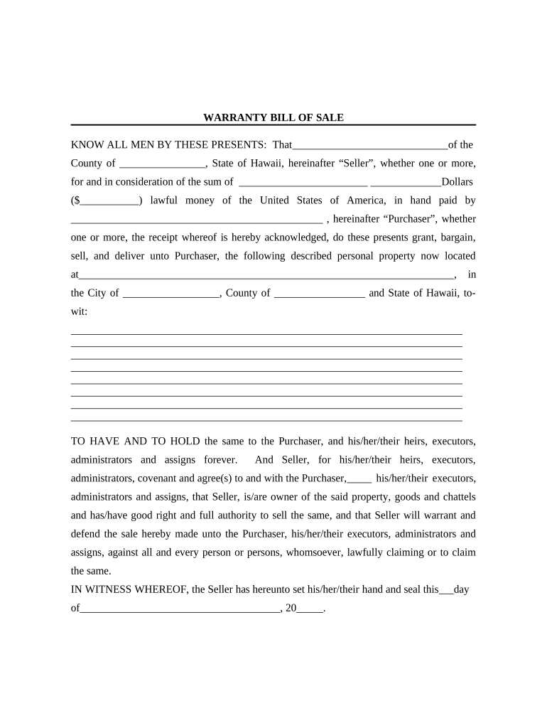 Bill of Sale with Warranty by Individual Seller - Hawaii Preview on Page 1.