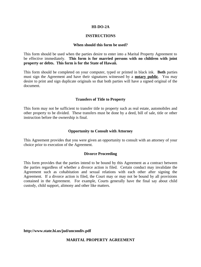 Marital Legal Separation and Property Settlement Agreement no Children parties may have Joint Property or Debts Effective Immediately - Hawaii Preview on Page 1