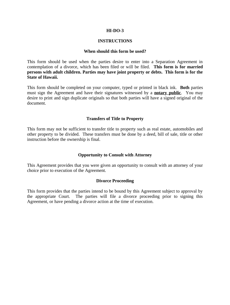 Marital Legal Separation and Property Settlement Agreement Adult Children Parties May have Joint Property or Debts where Divorce Action Filed - Hawaii Preview on Page 1