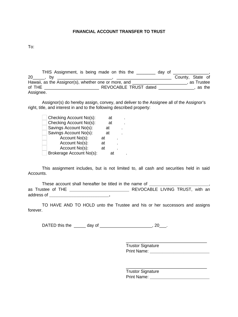 Financial Account Transfer to Living Trust - Hawaii Preview on Page 1