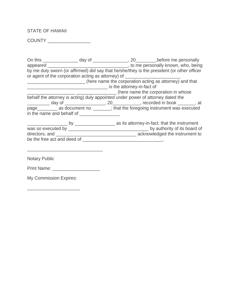 Acknowledgment for Corporation by Another Corporation as its Attorney - Hawaii Preview on Page 1.