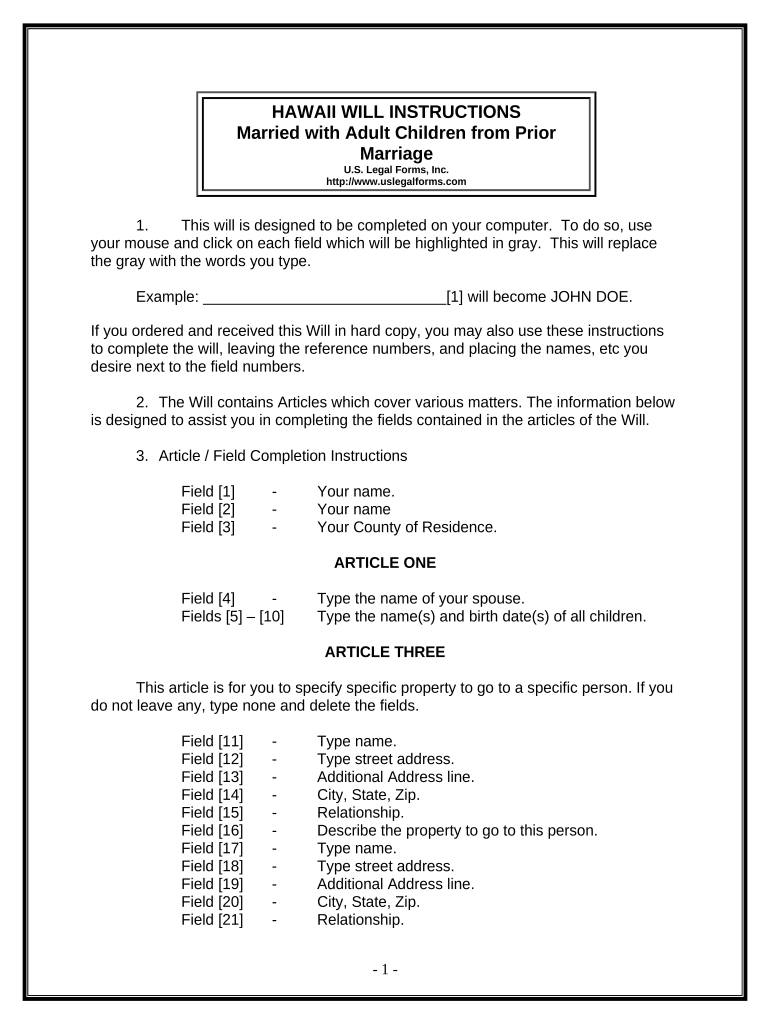 Legal Last Will and Testament Form for Married person with Adult Children from Prior Marriage - Hawaii Preview on Page 1