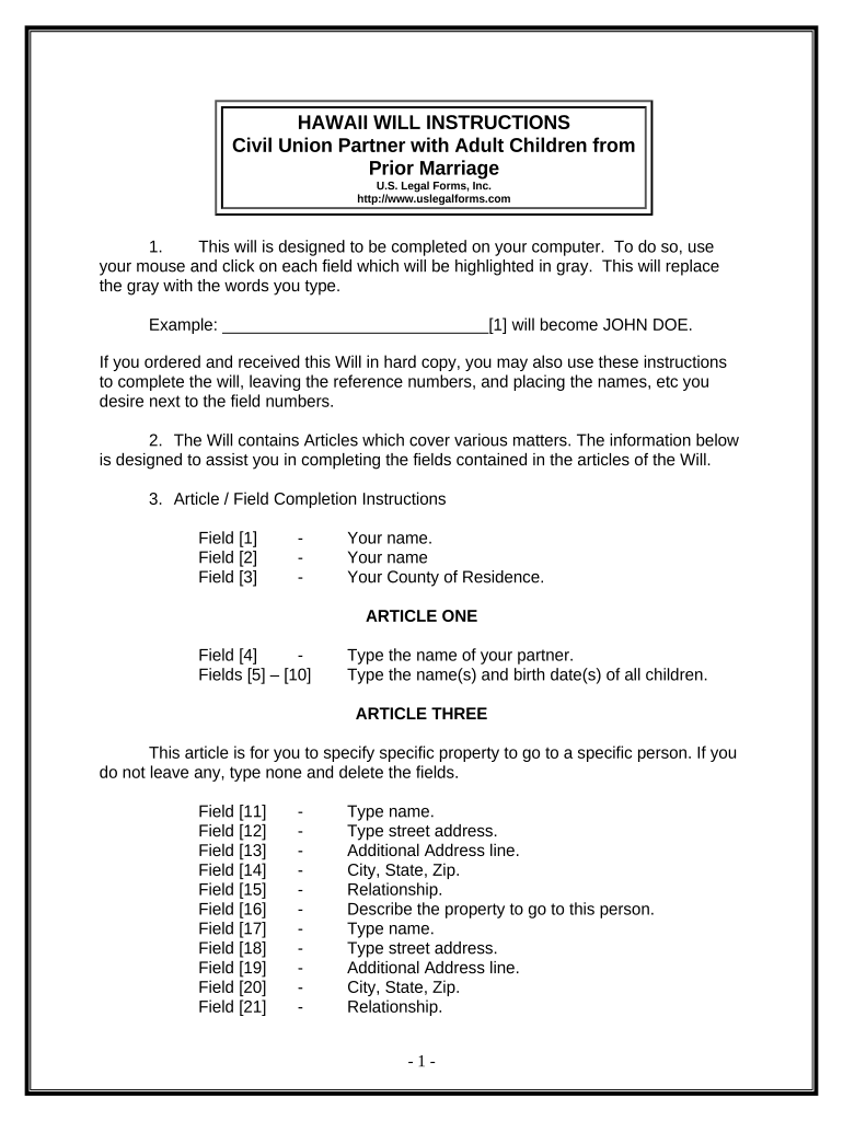 Legal Last Will and Testament Form for Civil Union Partner with Adult Children from Prior Marriage - Hawaii Preview on Page 1.