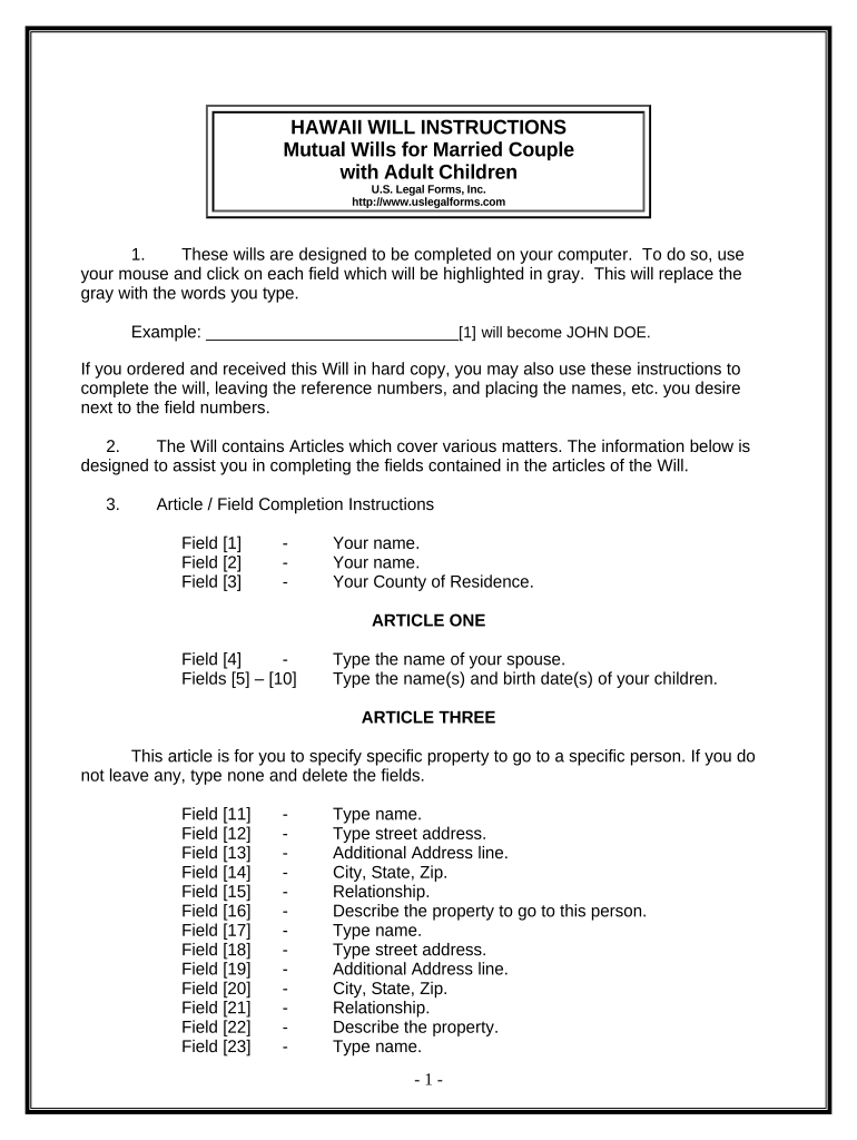 Mutual Wills Package with Last Wills and Testaments for Married Couple with Adult Children - Hawaii Preview on Page 1.