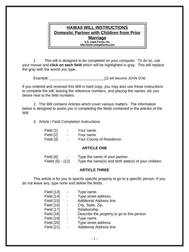 Legal Last Will and Testament Form for Domestic Partner with Adult and Minor Children from Prior Marriage - Hawaii Preview on Page 1