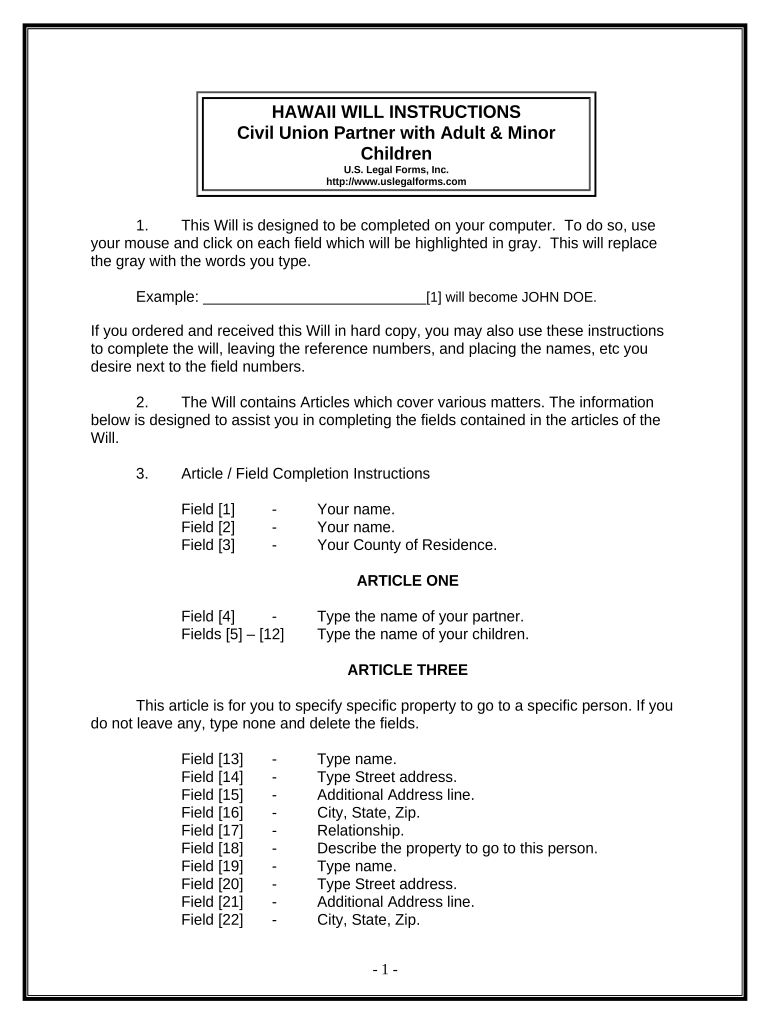 Legal Last Will and Testament Form for Civil Union Partner with Adult and Minor Children - Hawaii Preview on Page 1