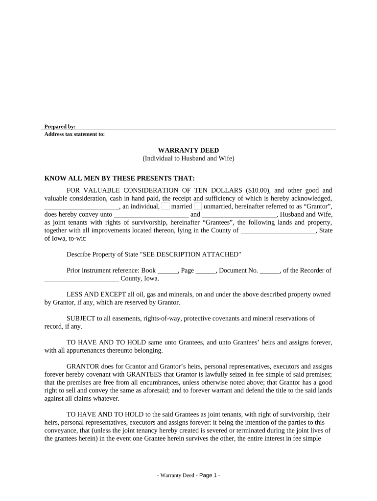 Warranty Deed from Individual to Husband and Wife - Iowa Preview on Page 1.