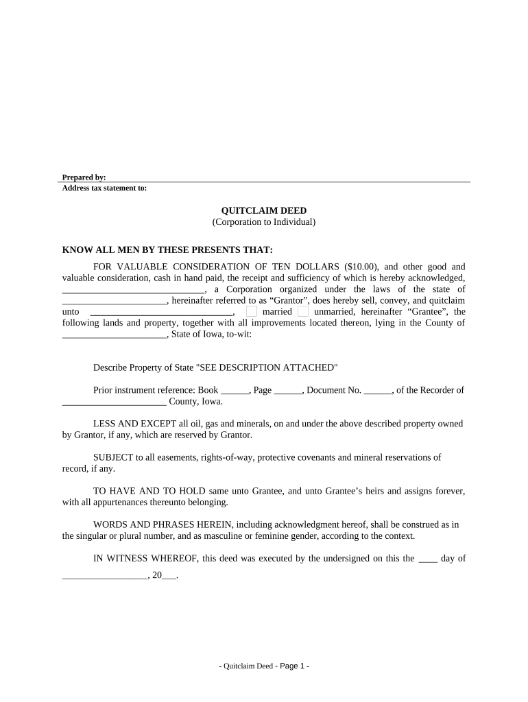 Quitclaim Deed from Corporation to Individual - Iowa Preview on Page 1