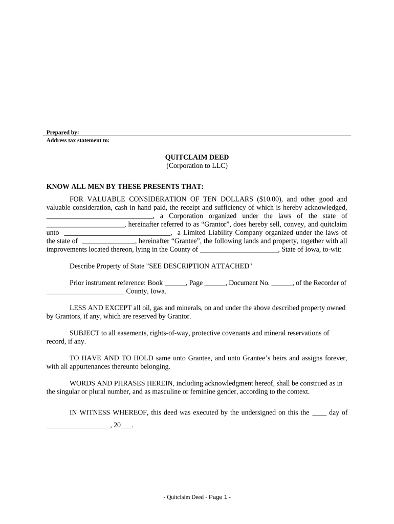 Quitclaim Deed from Corporation to LLC - Iowa Preview on Page 1