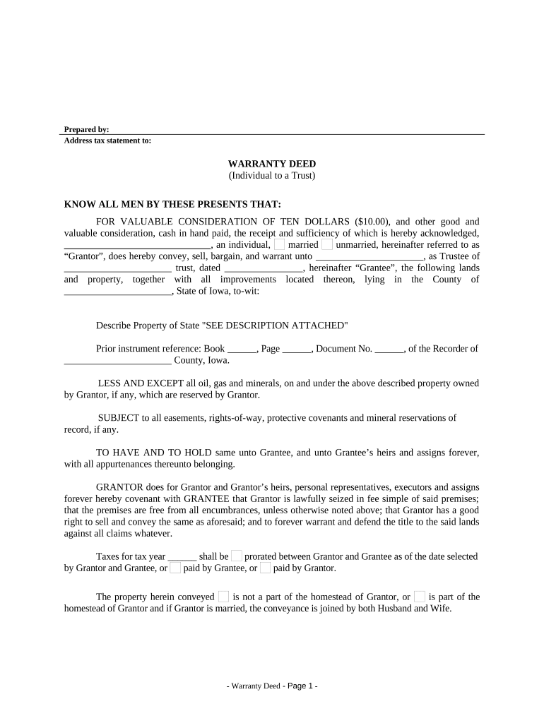 Warranty Deed from Individual to a Trust - Iowa Preview on Page 1.