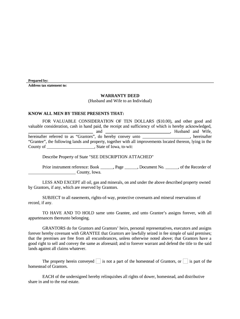 Warranty Deed from Husband and Wife to an Individual - Iowa Preview on Page 1