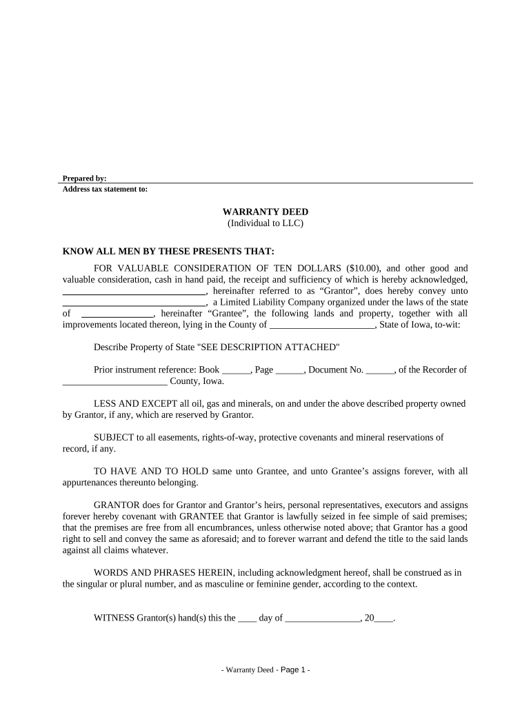 Warranty Deed from Individual to LLC - Iowa Preview on Page 1.