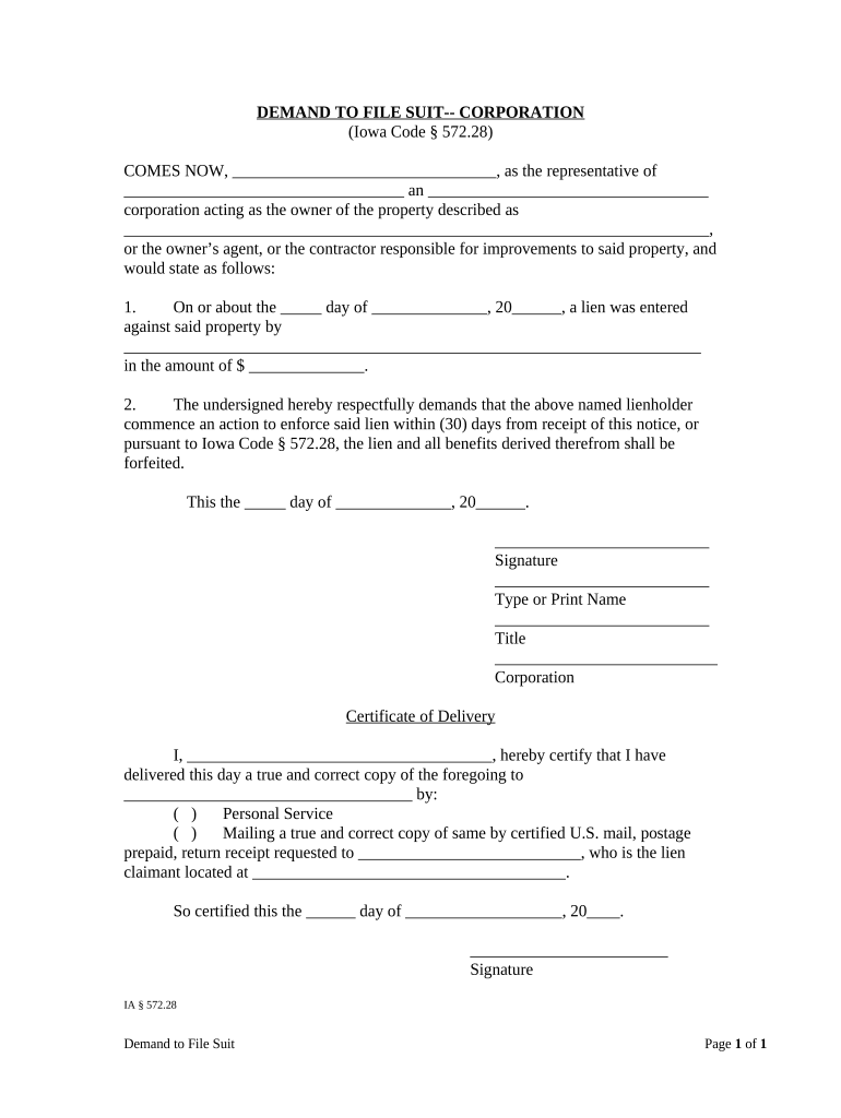 Demand to File Suit by Corporation or LLC - Iowa Preview on Page 1