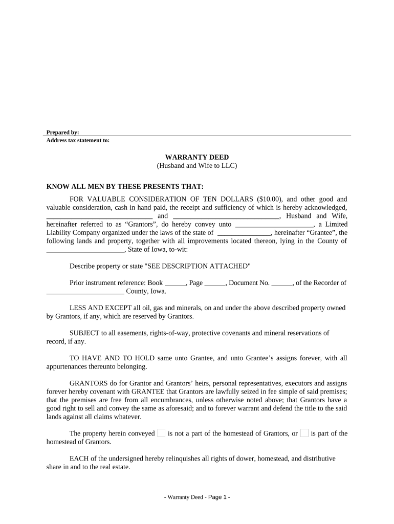 Warranty Deed from Husband and Wife to LLC - Iowa Preview on Page 1