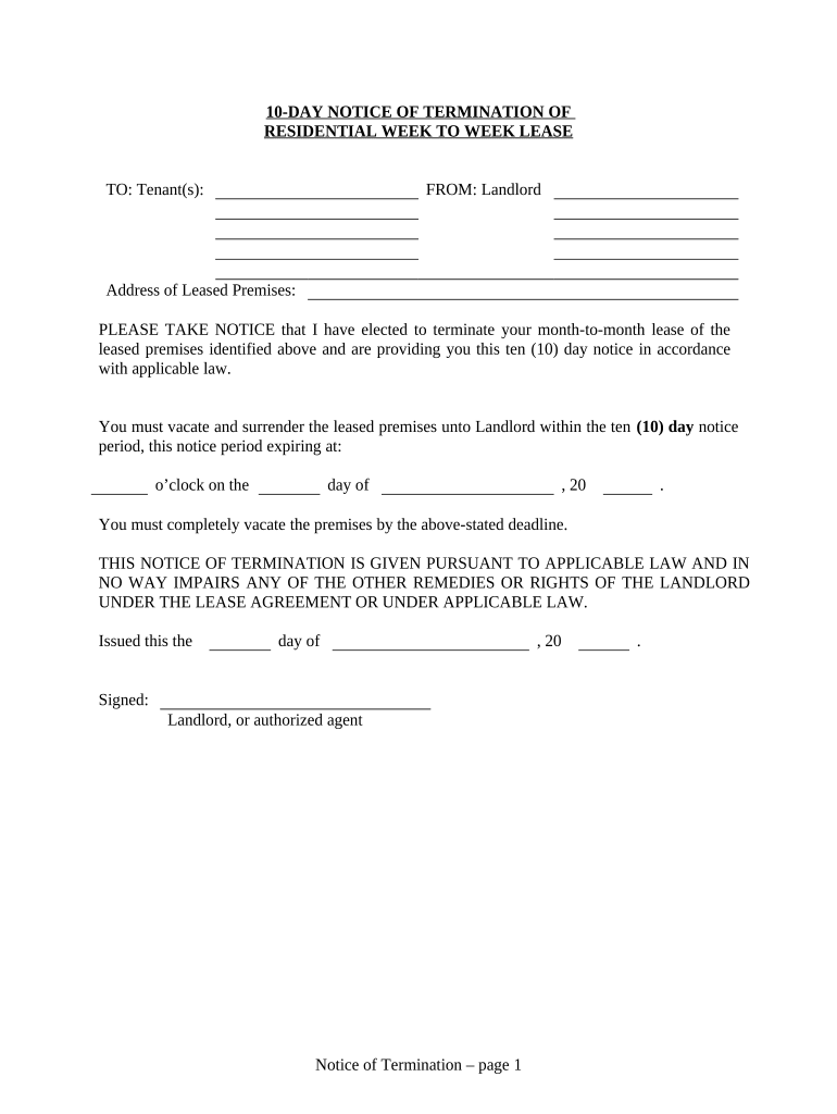 10 Day Notice to Terminate Week to Week Lease for Residential from Landlord to Tenant - Iowa Preview on Page 1