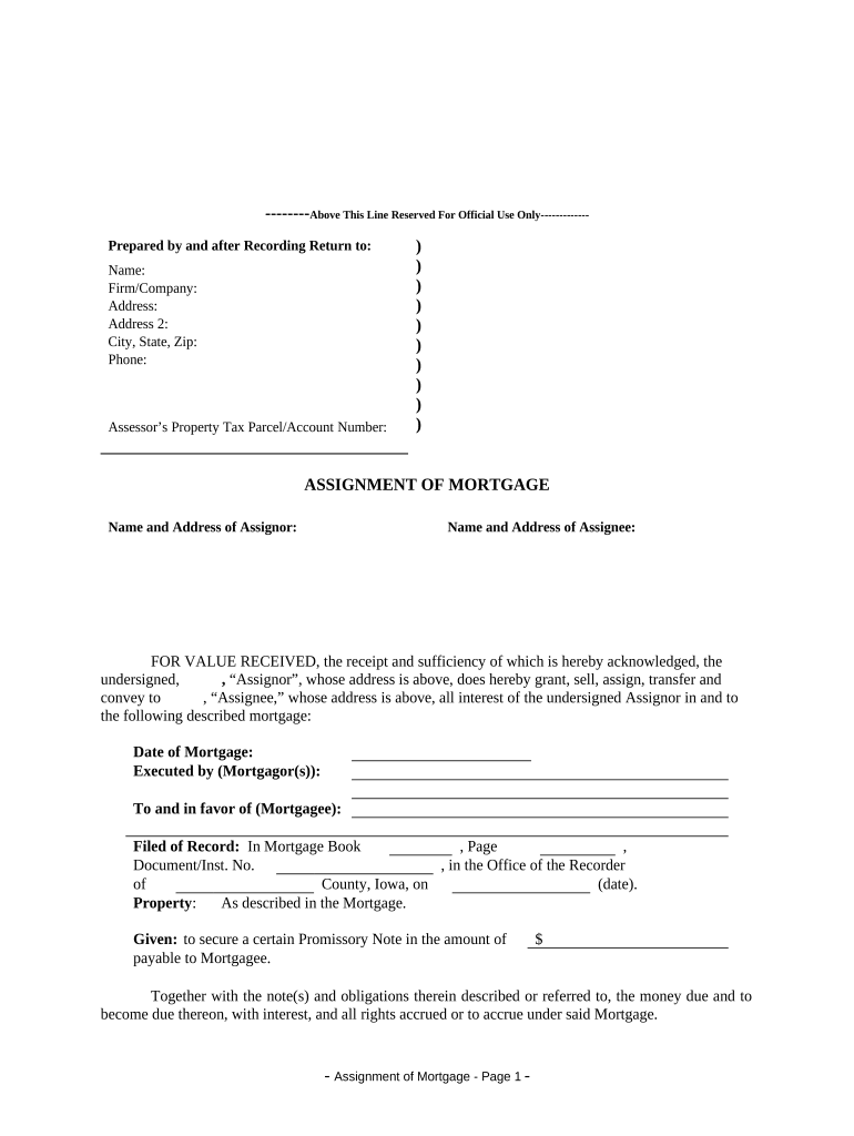 Assignment of Mortgage by Corporate Mortgage Holder - Iowa Preview on Page 1