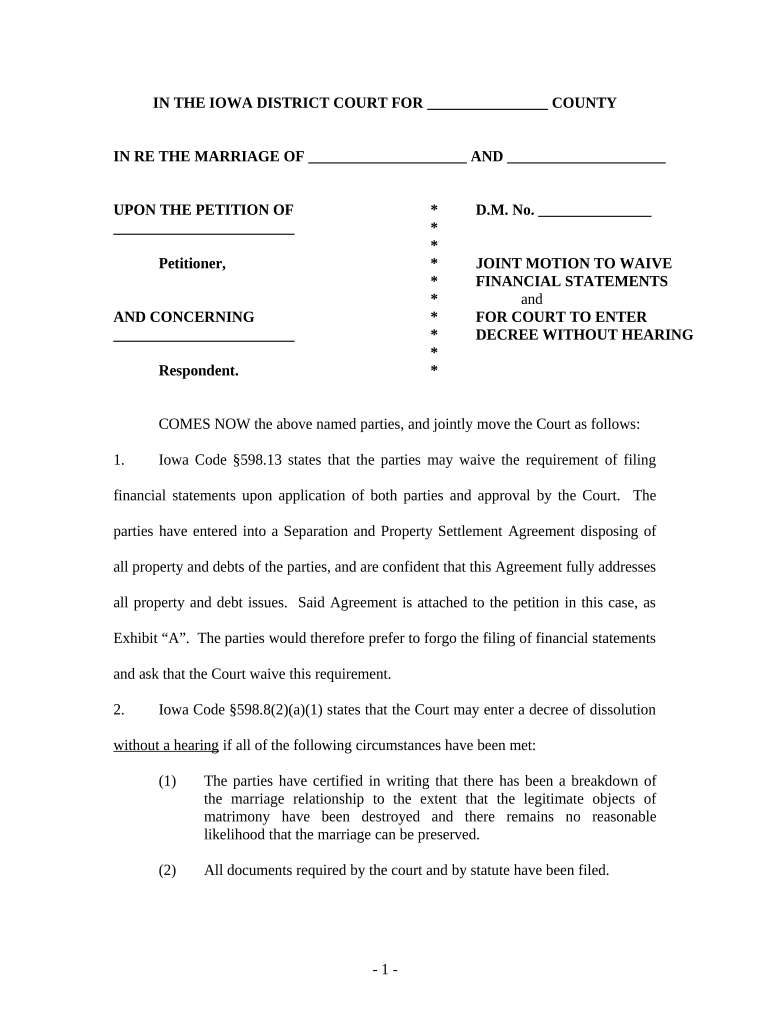 Joint Motion to Waive Financial Statements and for Court to Enter