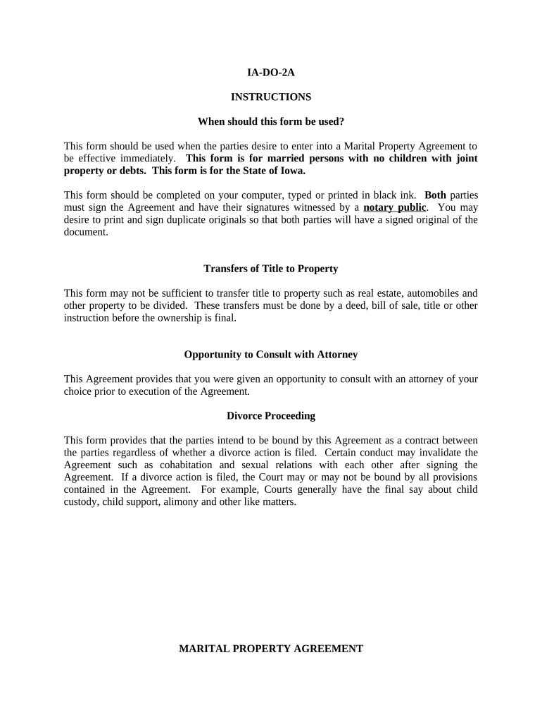 Marital Legal Separation and Property Settlement Agreement no Children parties may have Joint Property or Debts Effective Immediately - Iowa Preview on Page 1.