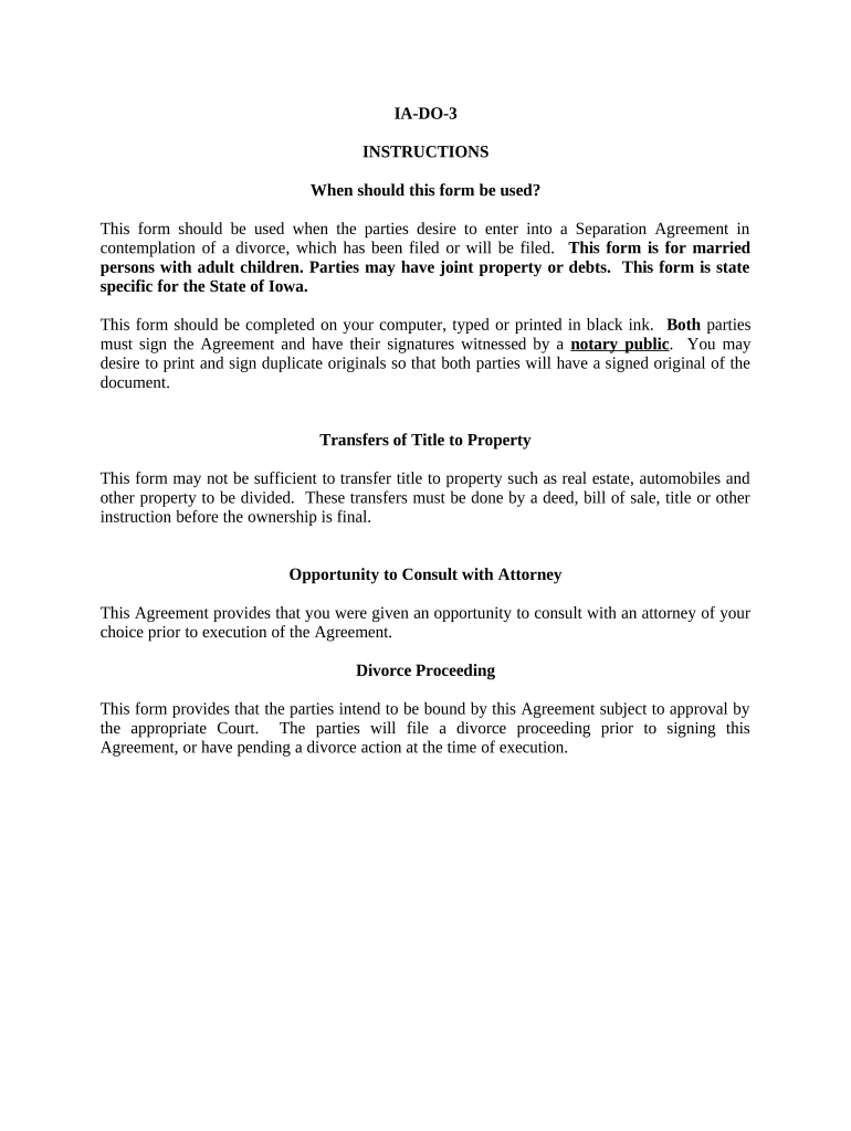 Marital Legal Separation and Property Settlement Agreement Adult Children Parties May have Joint Property or Debts where Divorce Action Filed - Iowa Preview on Page 1