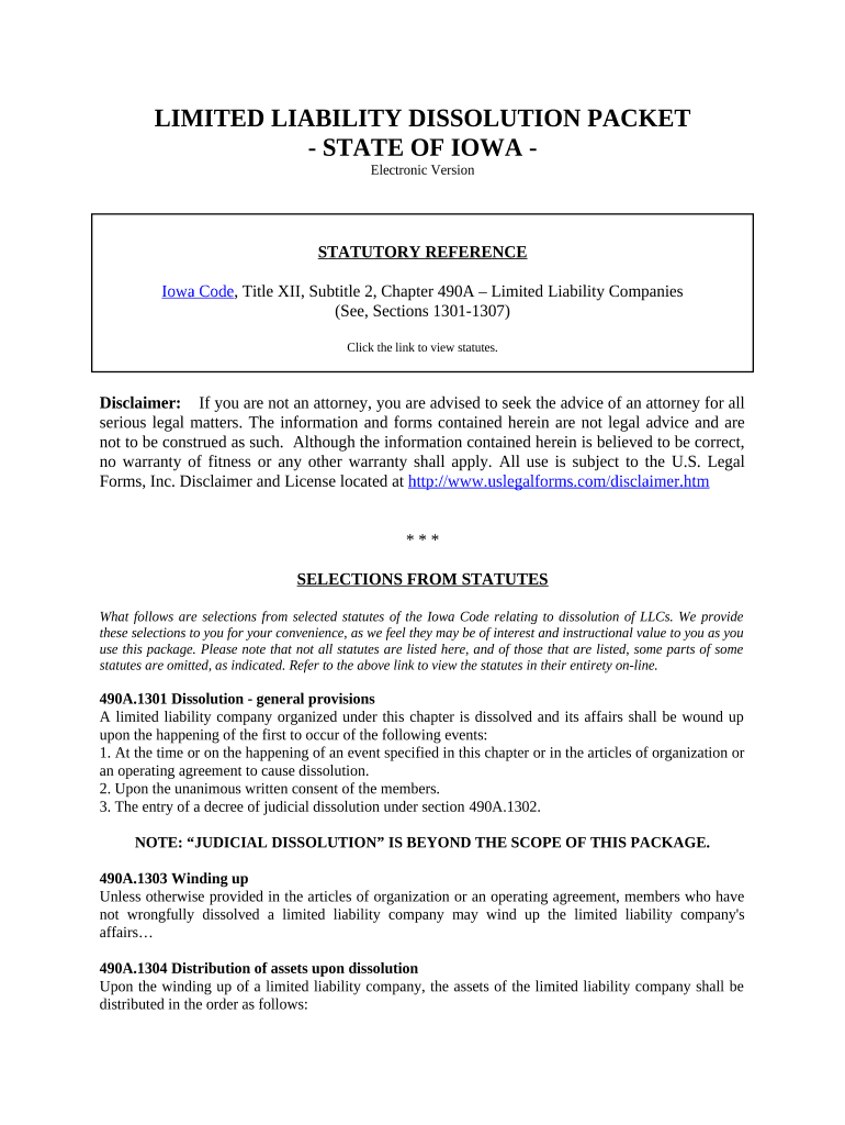 Iowa Dissolution Package to Dissolve Limited Liability Company LLC - Iowa Preview on Page 1.