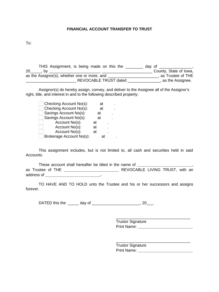 Financial Account Transfer to Living Trust - Iowa Preview on Page 1