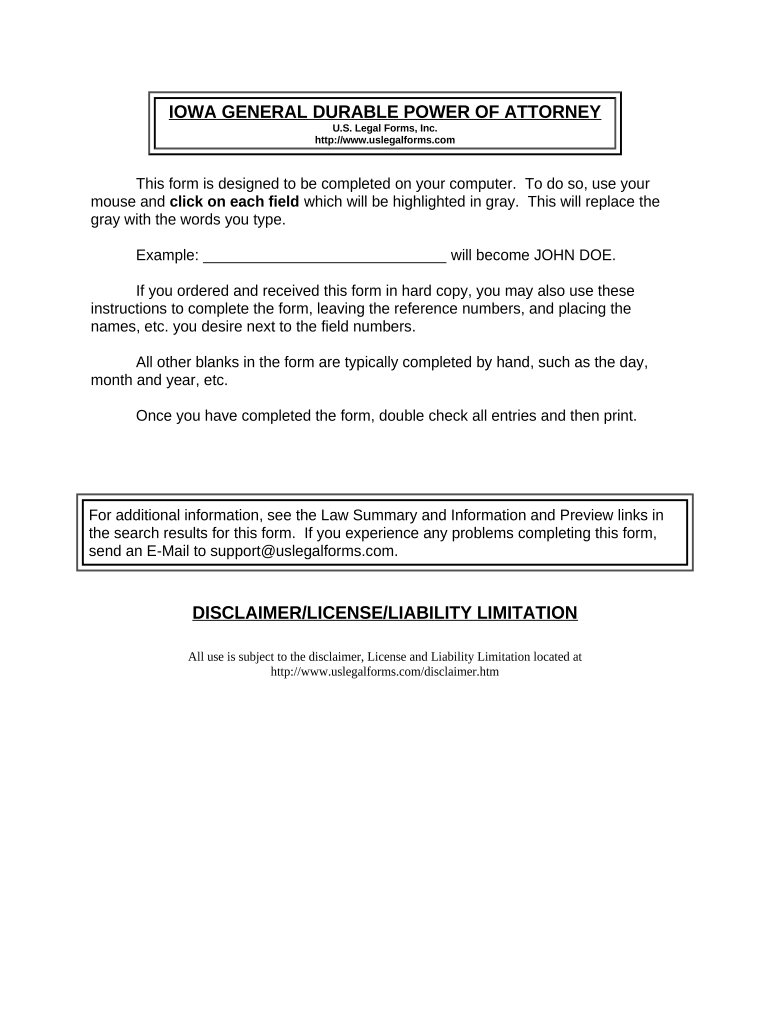 General Durable Power of Attorney for Property and Finances or Financial Effective Immediately - Iowa Preview on Page 1
