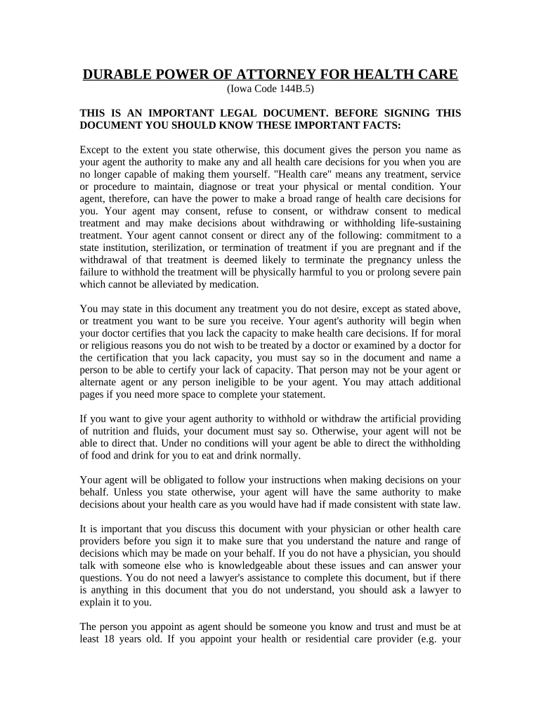 Durable Power of Attorney for Health Care - Iowa Preview on Page 1