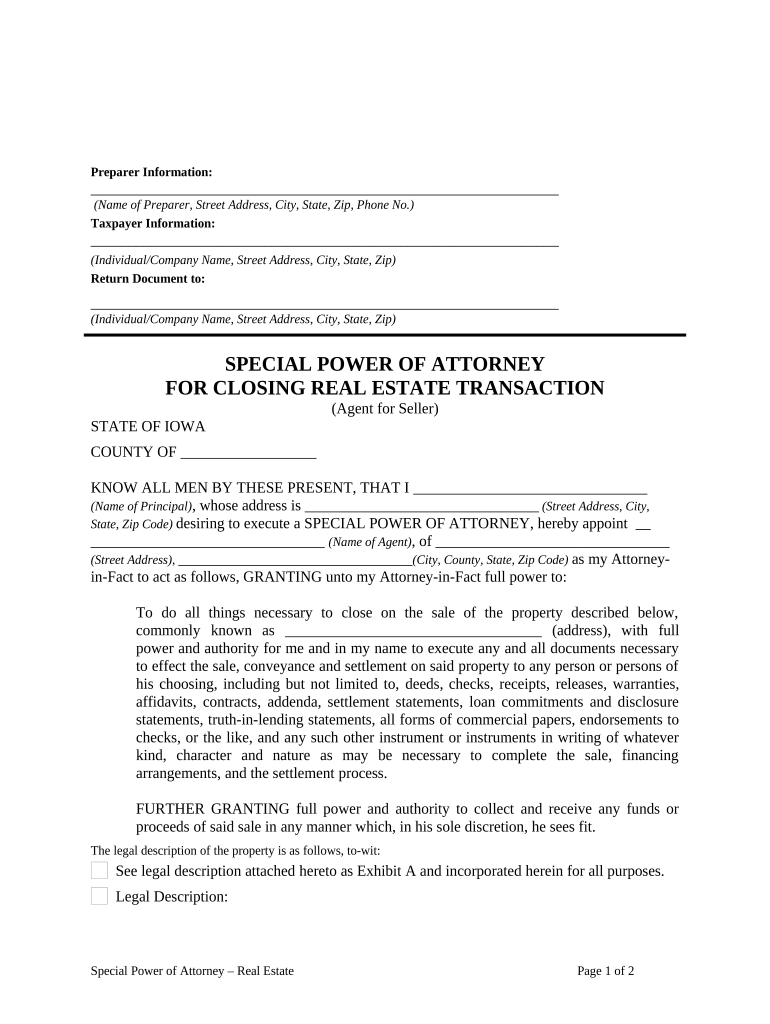Special or Limited Power of Attorney for Real Estate Sales Transaction By Seller - Iowa Preview on Page 1