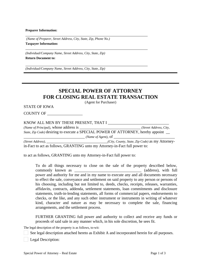 Special or Limited Power of Attorney for Real Estate Purchase Transaction by Purchaser - Iowa Preview on Page 1