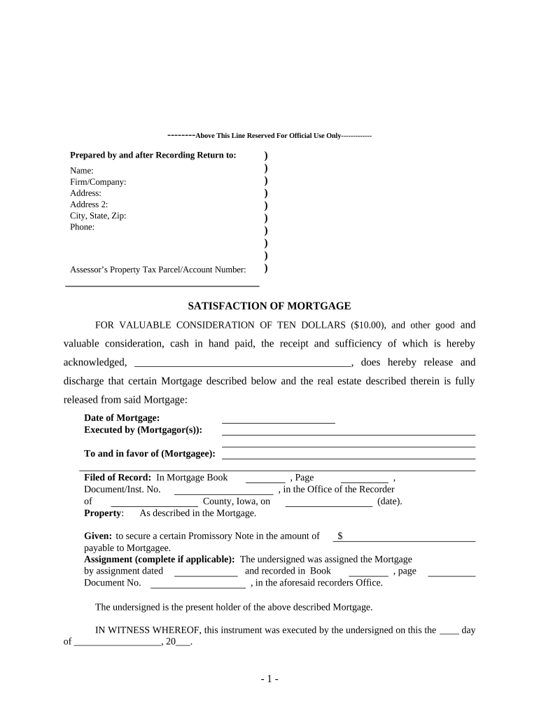 satisfaction and release of mortgage Preview on Page 1.