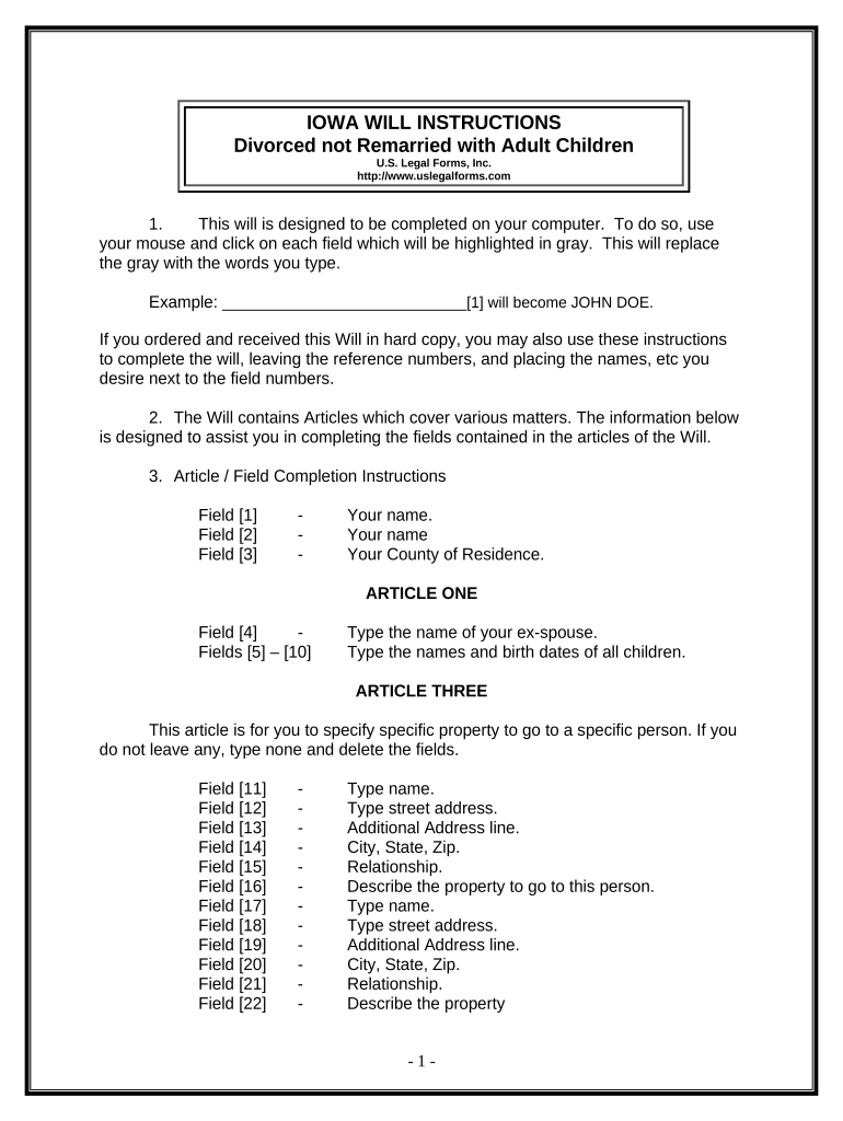 Legal Last Will and Testament Form for Divorced person not Remarried with Adult Children - Iowa Preview on Page 1