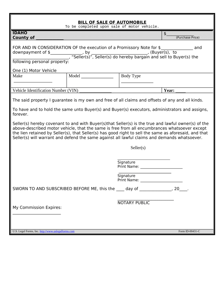 Bill of Sale for Automobile or Vehicle including Odometer Statement and Promissory Note - Idaho Preview on Page 1.