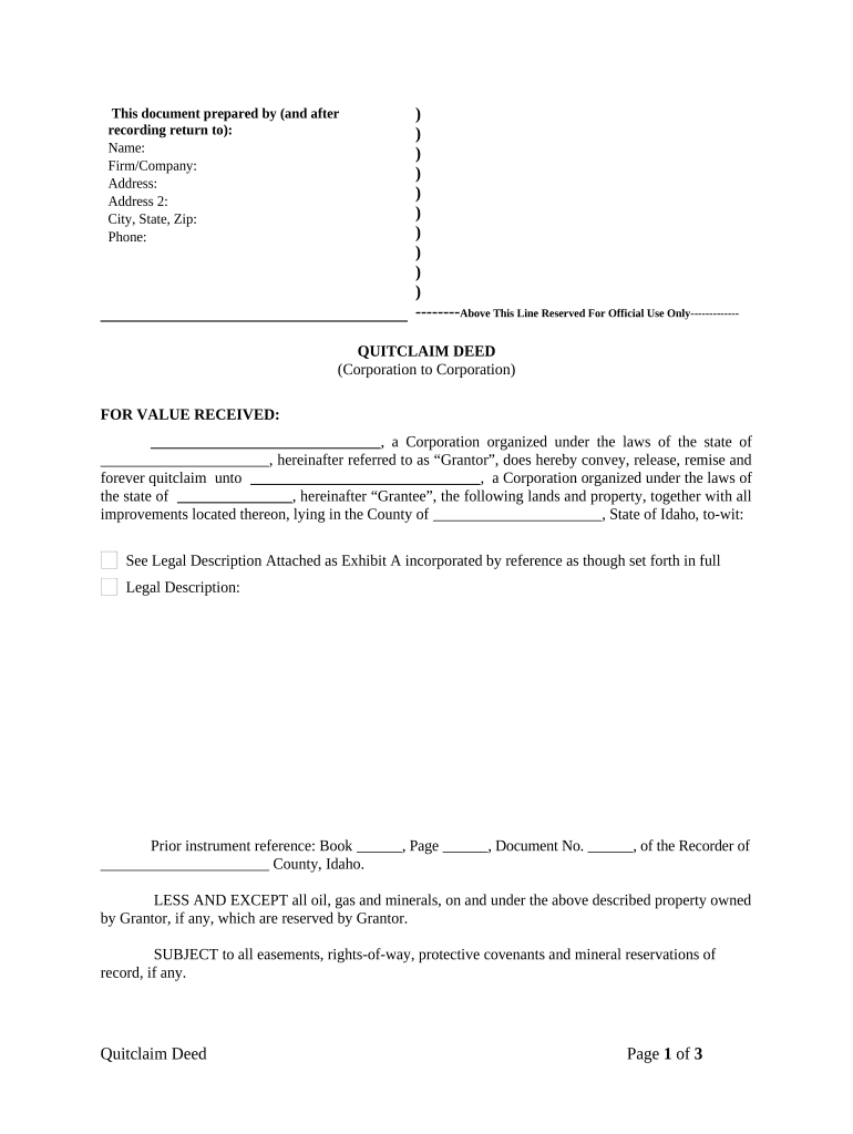 Quitclaim Deed from Corporation to Corporation - Idaho Preview on Page 1