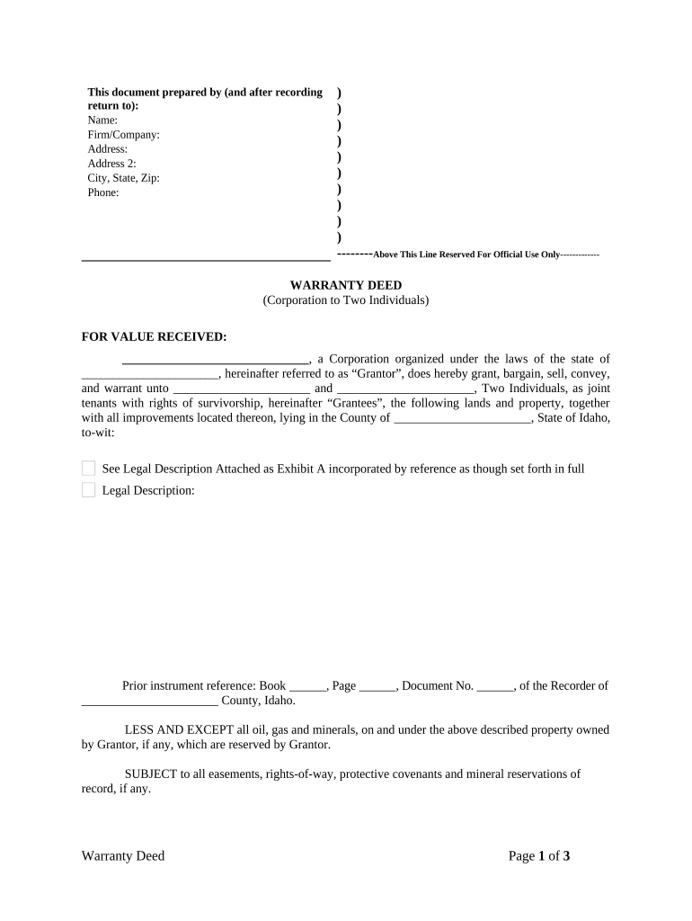Warranty Deed from Corporation to Two Individuals - Idaho Preview on Page 1