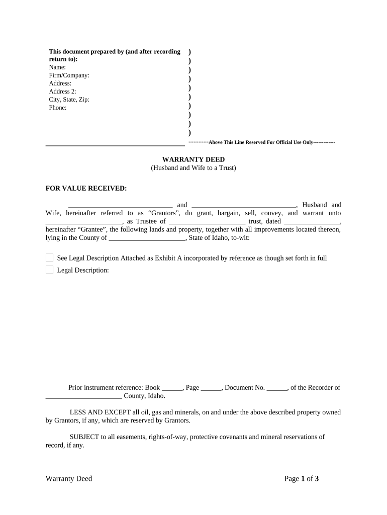 Warranty Deed from Husband and Wife to a Trust - Idaho Preview on Page 1